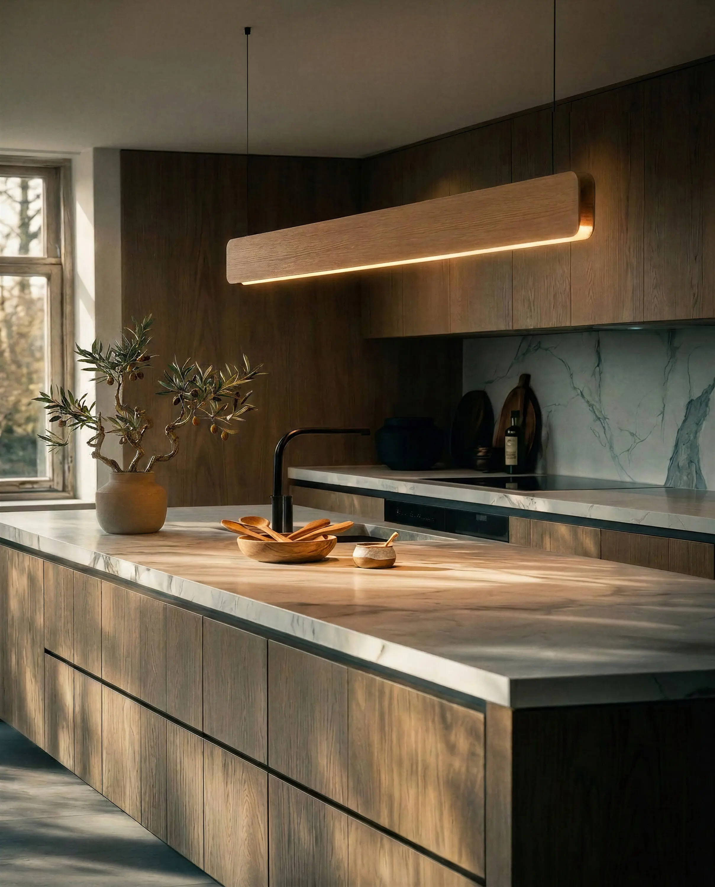 Singular Lighting - NINA Pendant P120-01 Sleek linear oak wood suspension luminaire glowing above a dark marble kitchen island in a luxury home