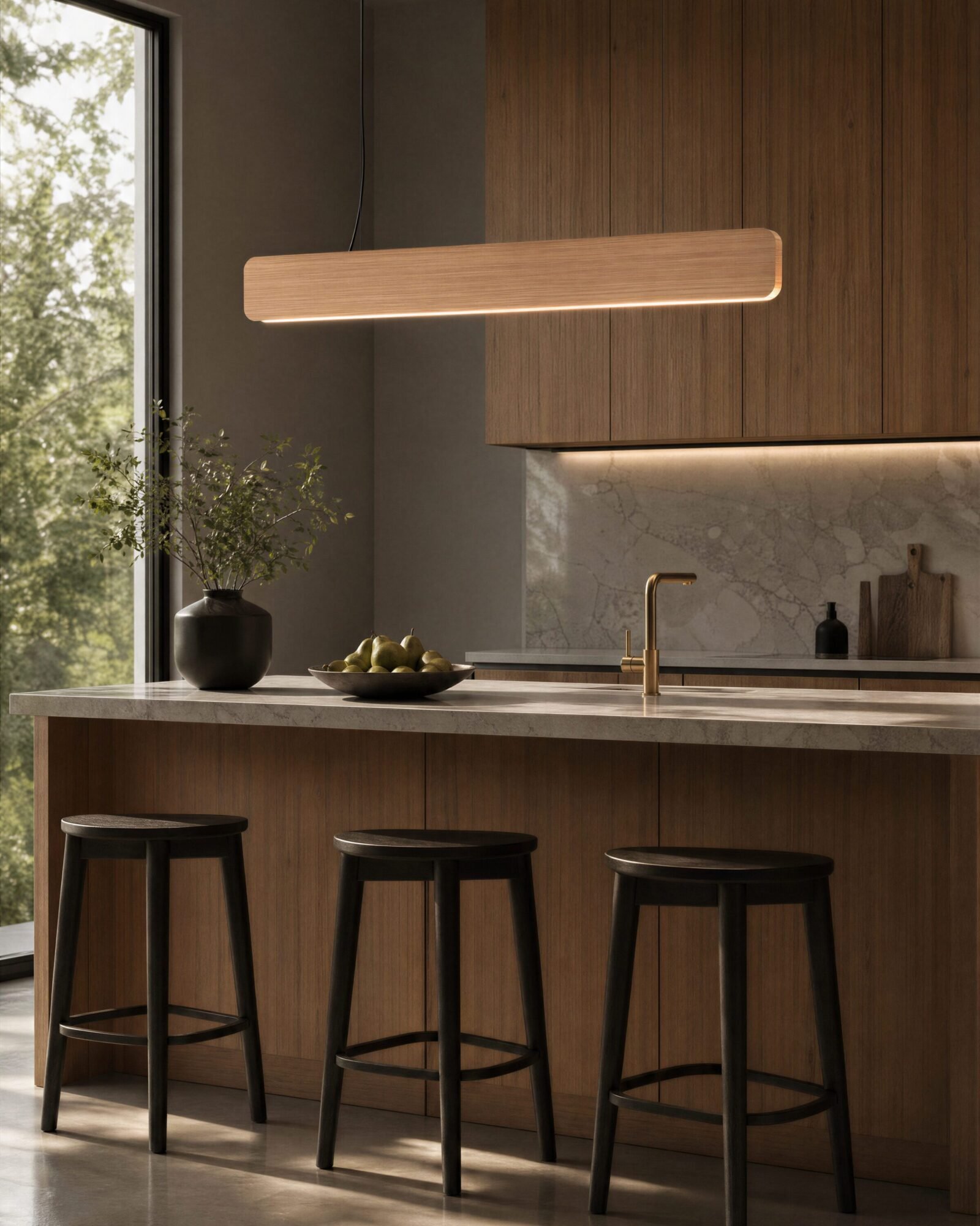 Singular Lighting - NINA Pendant P120-04B A modern kitchen island with a natural oak pendant light (the 'Nina' lamp) hanging above it. The island has dark wooden stools, a bowl of pears, and a vase, with a leafy window view.