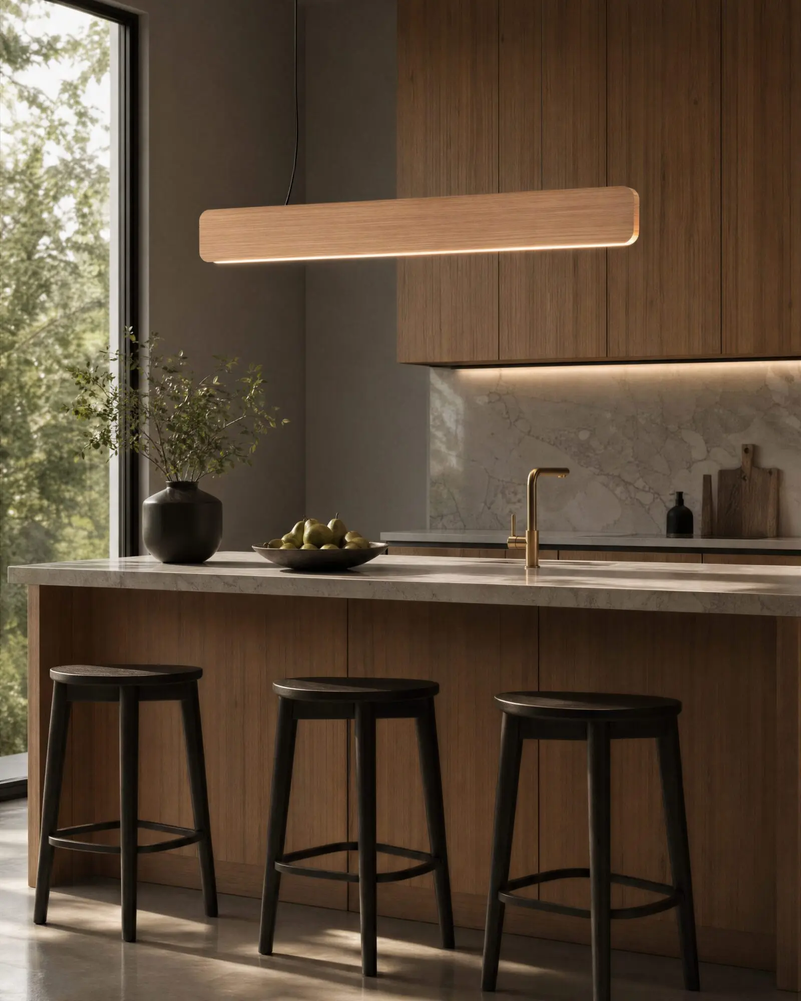 Singular Lighting - NINA Pendant P120-04B A modern kitchen island with a natural oak pendant light (the 'Nina' lamp) hanging above it. The island has dark wooden stools, a bowl of pears, and a vase, with a leafy window view.