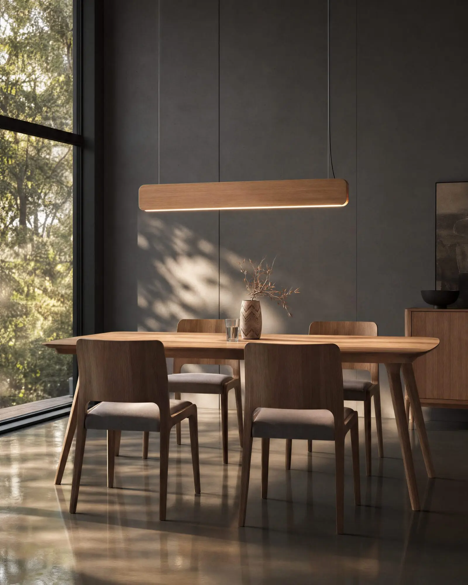 Singular Lighting - NINA Pendant P120-06B A sleek natural oak pendant light (the 'Nina' lamp) hanging above a modern wooden dining table and grey-upholstered chairs. Sunlight from a large window creates intricate shadow patterns on the wall