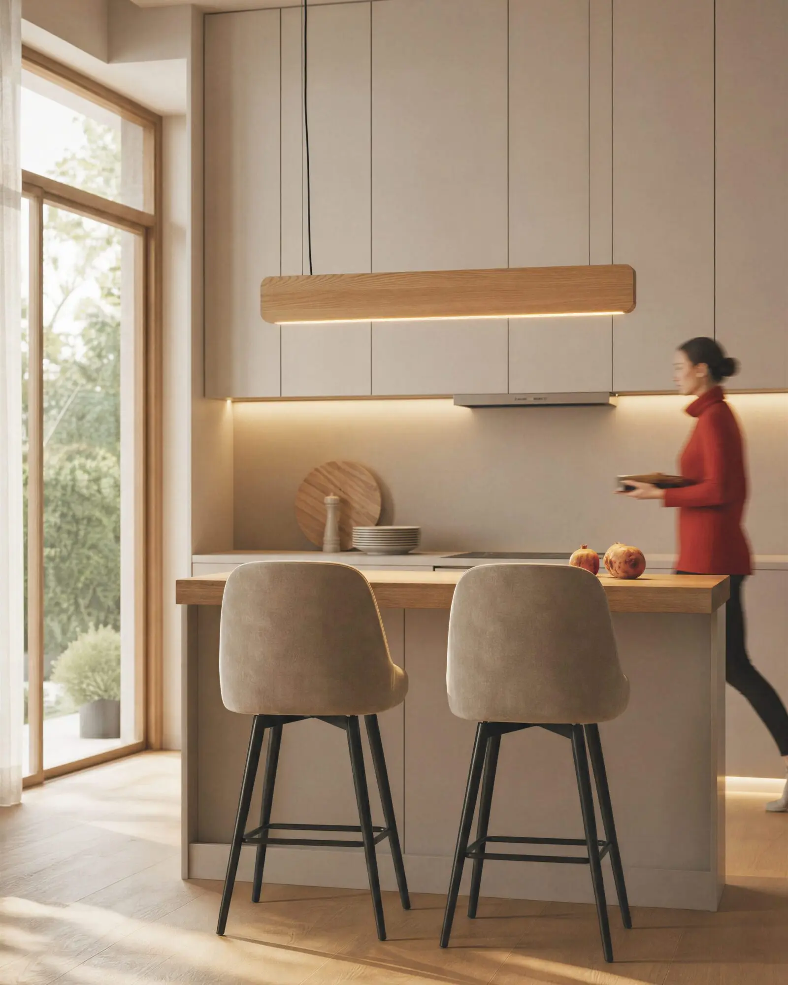 Singular Lighting - NINA Pendant P120-10B A natural oak pendant light (the 'Nina' lamp) illuminating a light wood kitchen counter with two upholstered bar stools.