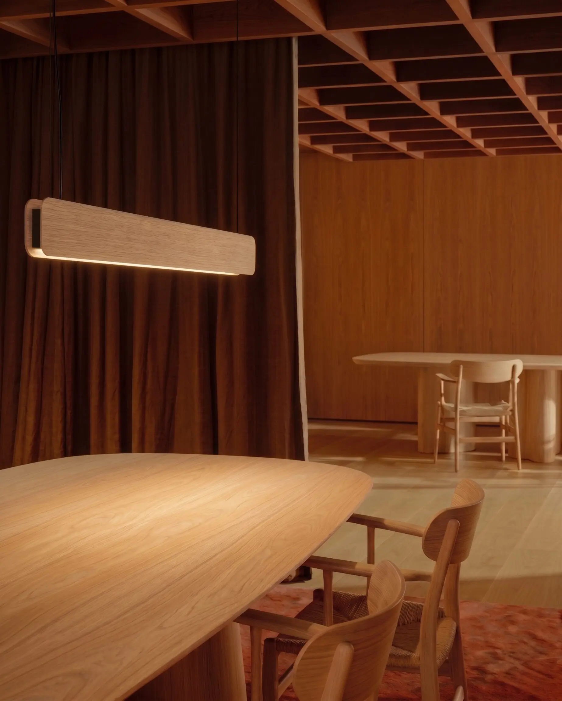 Singular Lighting - NINA Pendant P120-18 Rustic modern interior featuring a long natural wood LED pendant light above an oak dining table." (Otra opción para la segunda imagen, priorizando el estilo de decoración