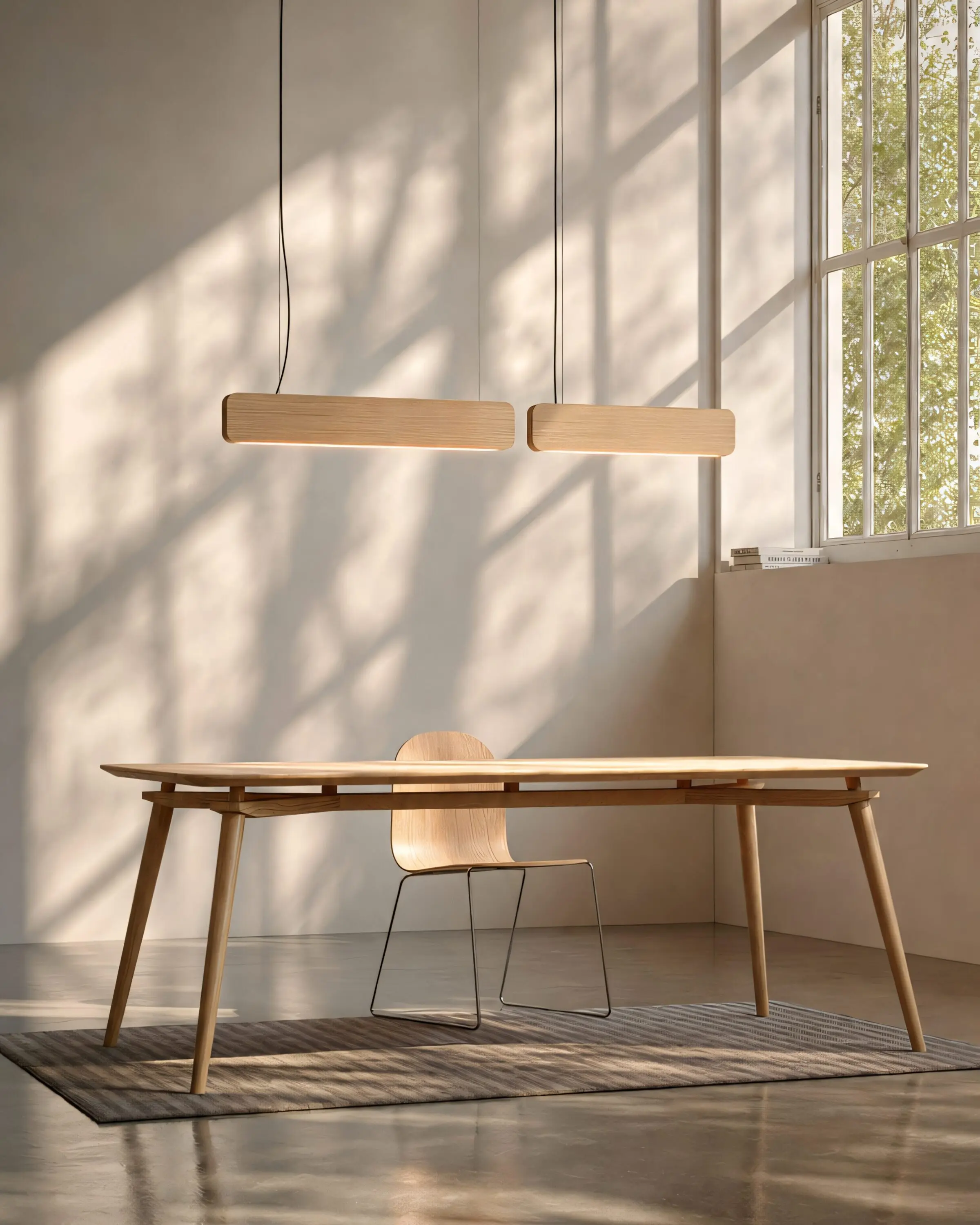 Singular Lighting - NINA Pendant P68+P120 4-5 02 Twin linear oak suspension luminaires casting warm light over a modern wooden desk in a bright room.