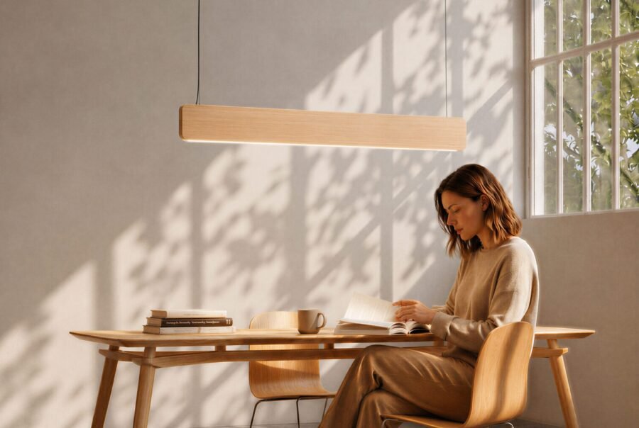 120cm Nina natural oak pendant light hanging over a modern wooden dining table. A long linear wood suspension lamp illuminating a sunlit reading area.