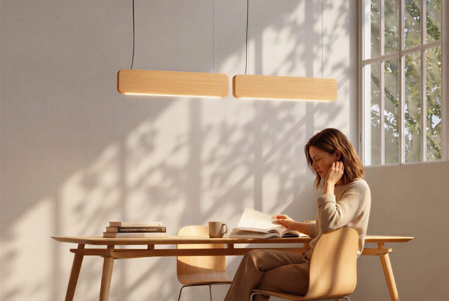Nina natural oak pendant lights suspended together over a wooden dining table. Compact linear wood suspension lamps providing high-efficiency lighting for a reading space.