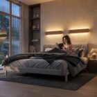 nina-wall-oak-linear-up-down-lighting-reading-bed Cozy bedroom with two natural oak Nina Wall up-and-down lights, where a woman reads in bed under warm lighting. Large bed with dark bedding and concrete texture walls.