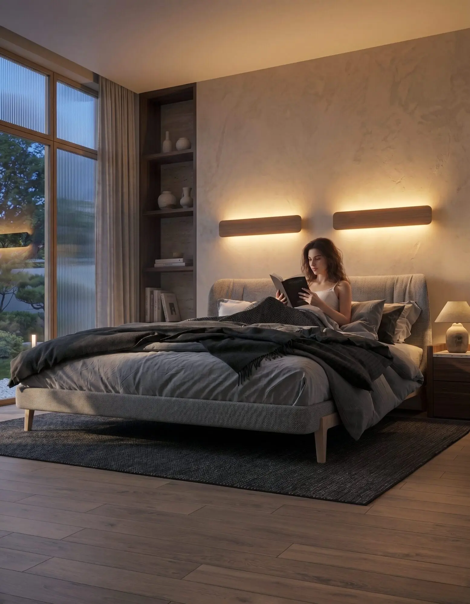 Cozy bedroom with two natural oak Nina Wall up-and-down lights, where a woman reads in bed under warm lighting. Large bed with dark bedding and concrete texture walls.