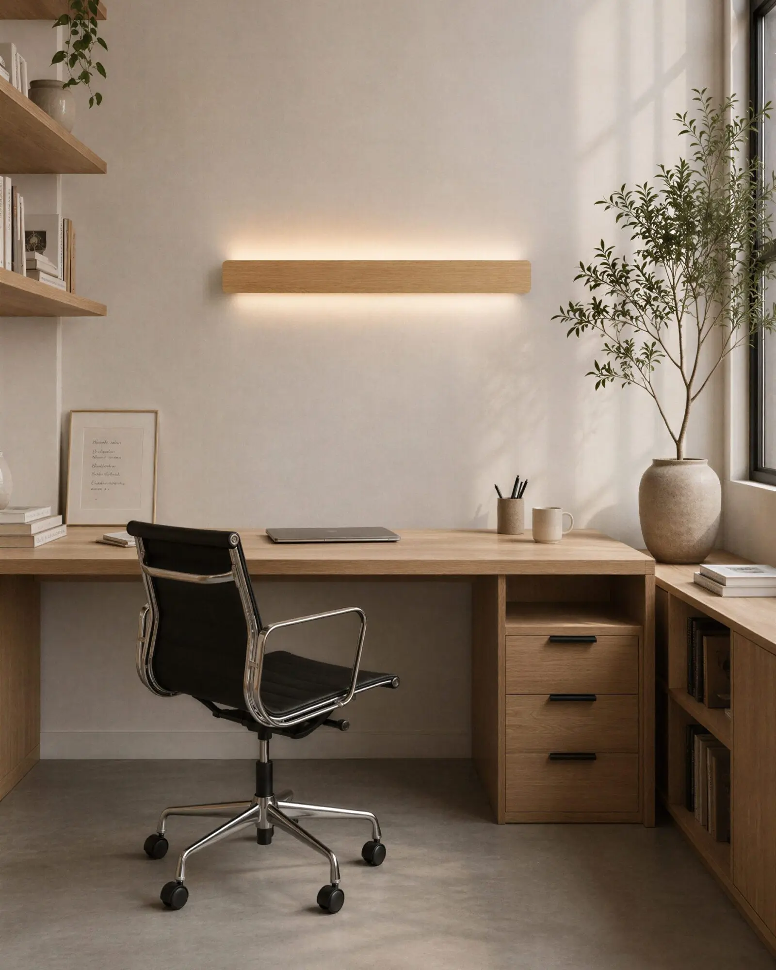 Home office with a long natural oak Nina Wall up-and-down lamp above a matching wooden desk. Ergonomic black chair, built-in bookshelves, and large window view.