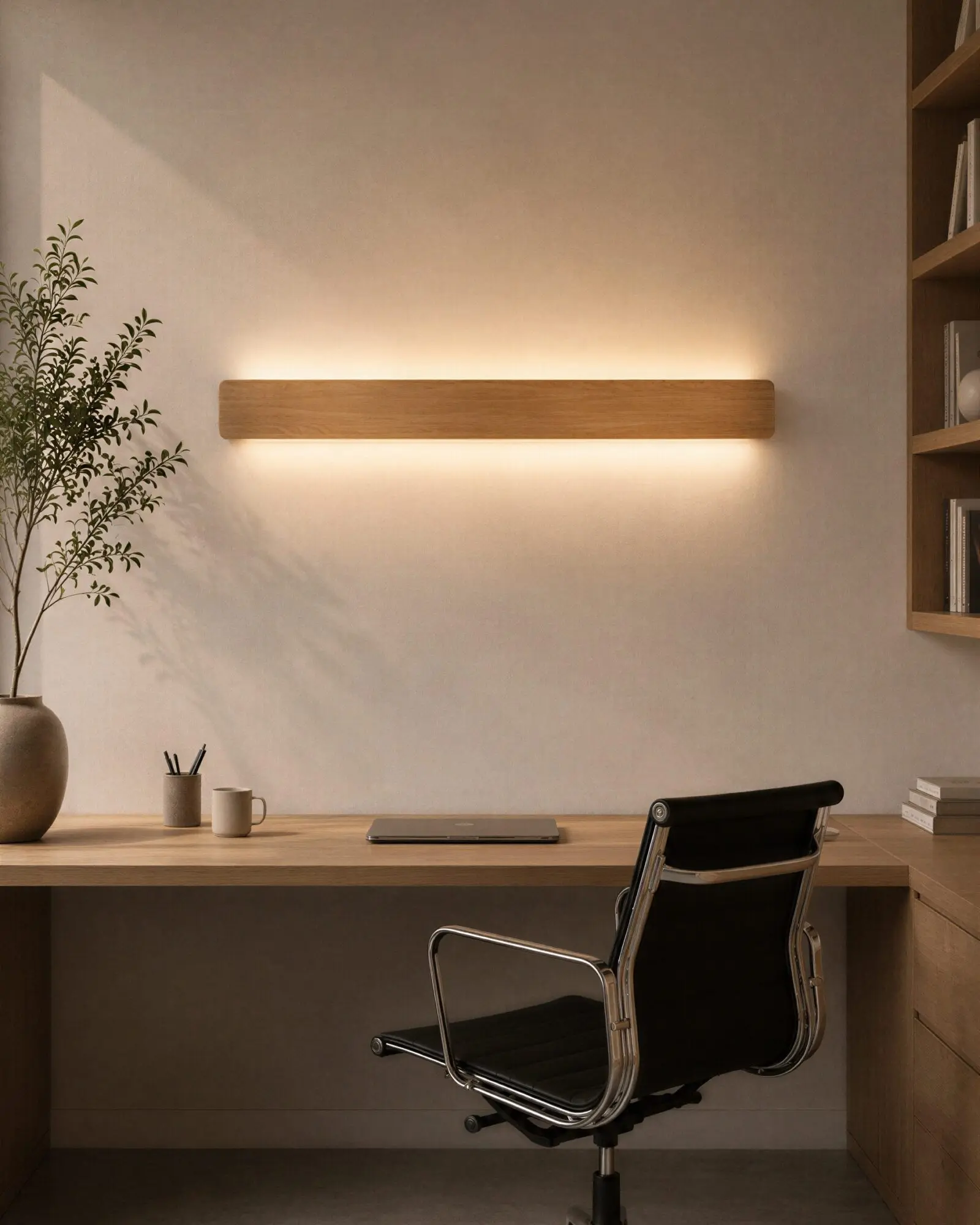 Side view of a home office desk, featuring a natural oak Nina Wall linear lamp illuminating up and down. Minimalist desk setup with laptop, plant, and office supplies.