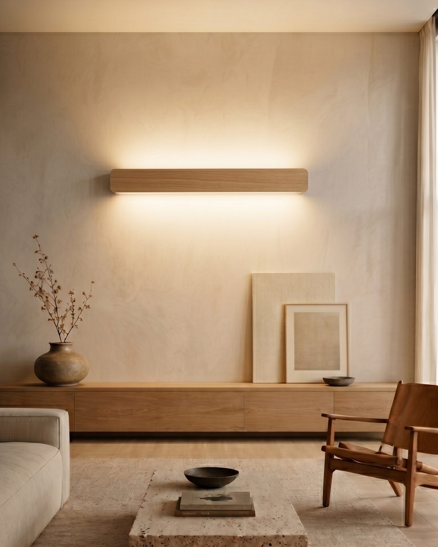 singular-lighting-nina-wall-oak-up-down-linear-sconce-living-room Singular Lighting NINA Wall W120-10B_2 natural oak linear up and down light fixture in a modern minimalist living room setting, illuminating the textured wall above a low wooden credenza, dried branches in a vase, framed art, and a leather lounge chair.