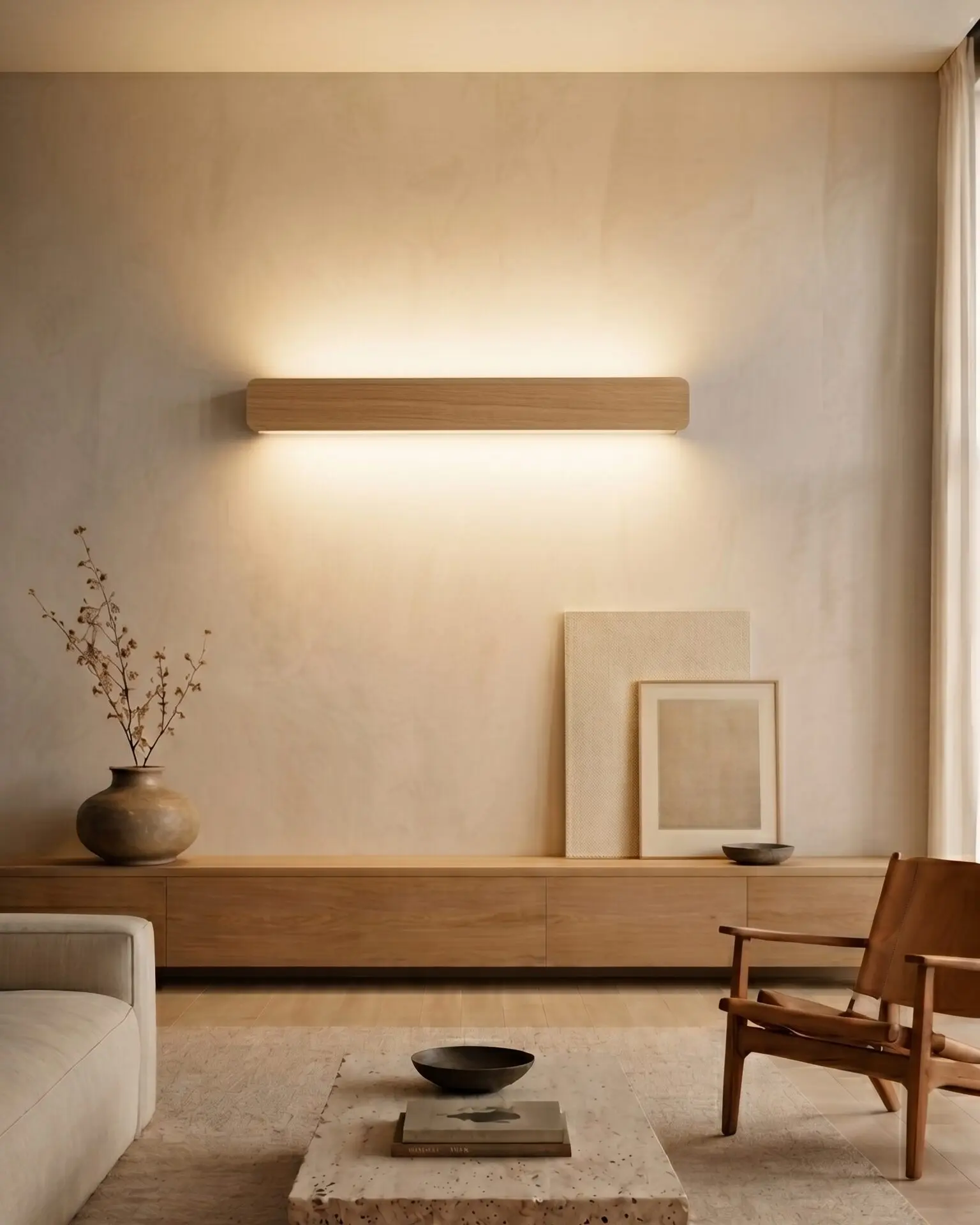 Singular Lighting NINA Wall W120-10B_2 natural oak linear up and down light fixture in a modern minimalist living room setting, illuminating the textured wall above a low wooden credenza, dried branches in a vase, framed art, and a leather lounge chair.