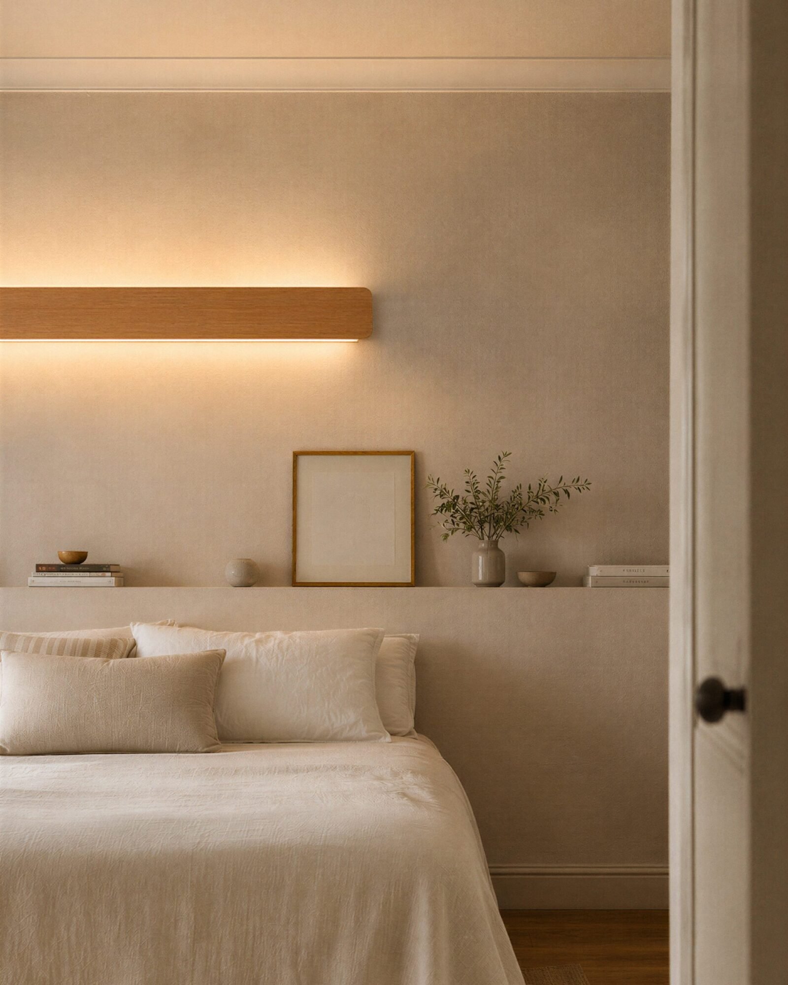 nina-wall-oak-linear-up-down-lighting-bedroom Bedroom view of the wooden Nina Wall linear lamp by Singular Lighting, mounted above a minimalist bed. Soft, natural lighting and simple decor.