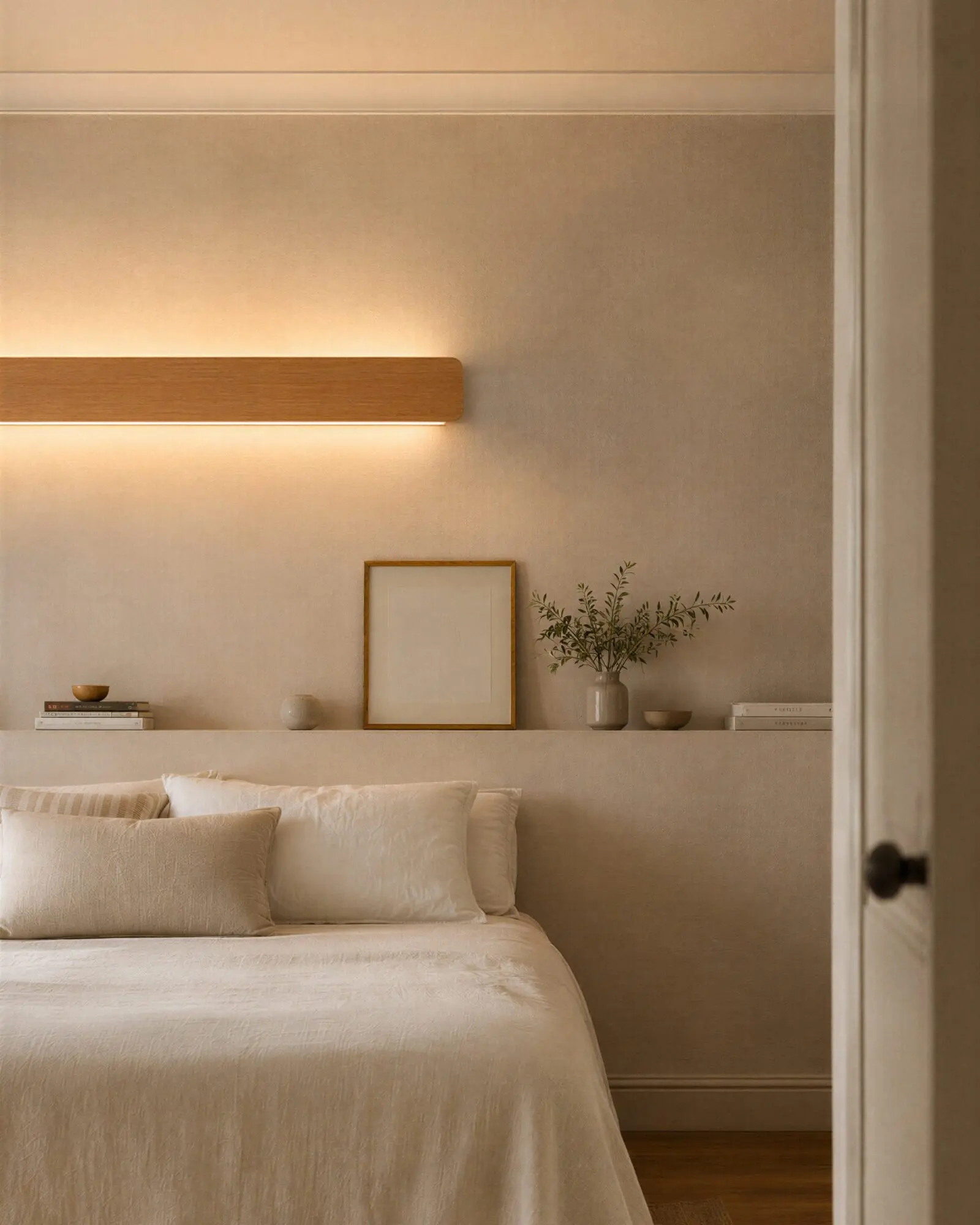 Bedroom view of the wooden Nina Wall linear lamp by Singular Lighting, mounted above a minimalist bed. Soft, natural lighting and simple decor.