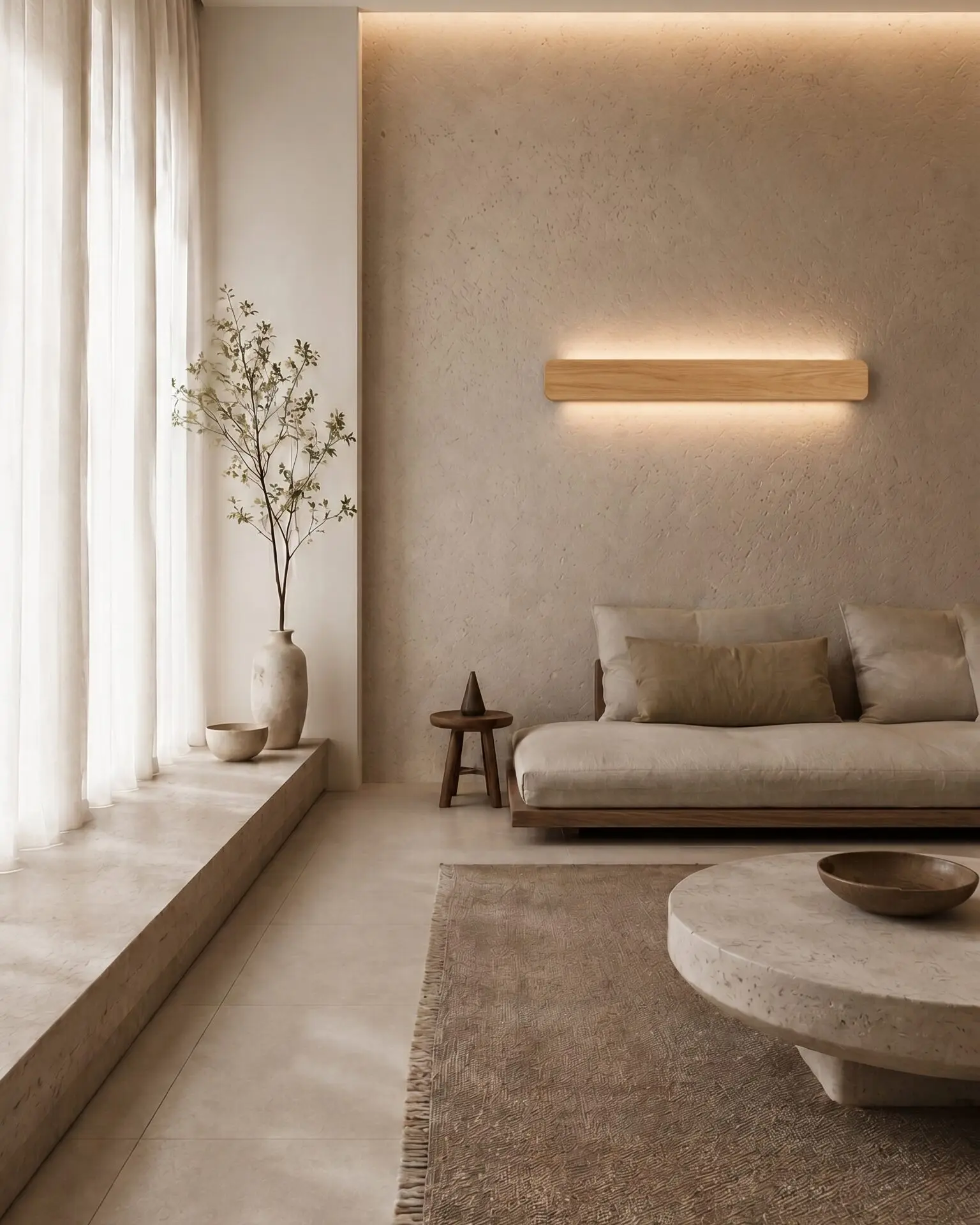 Living area with a low wooden sofa and a Nina Wall linear up-and-down lamp in natural oak, near sheer curtains and a tall vase. Calm, warm ambiance.