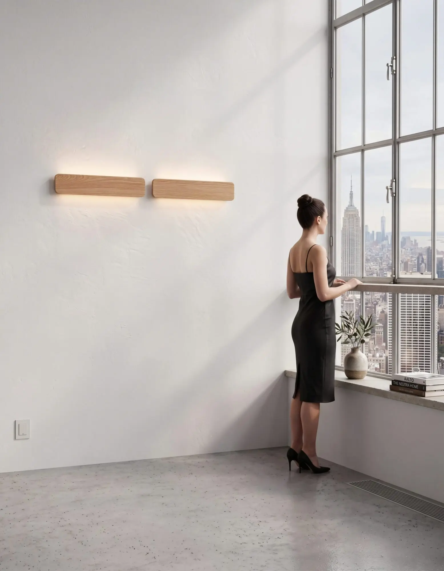 A woman in a black dress overlooking a city skyline from a modern apartment, illuminated by two linear natural oak Nina Wall lights by Singular Lighting. High-rise view.