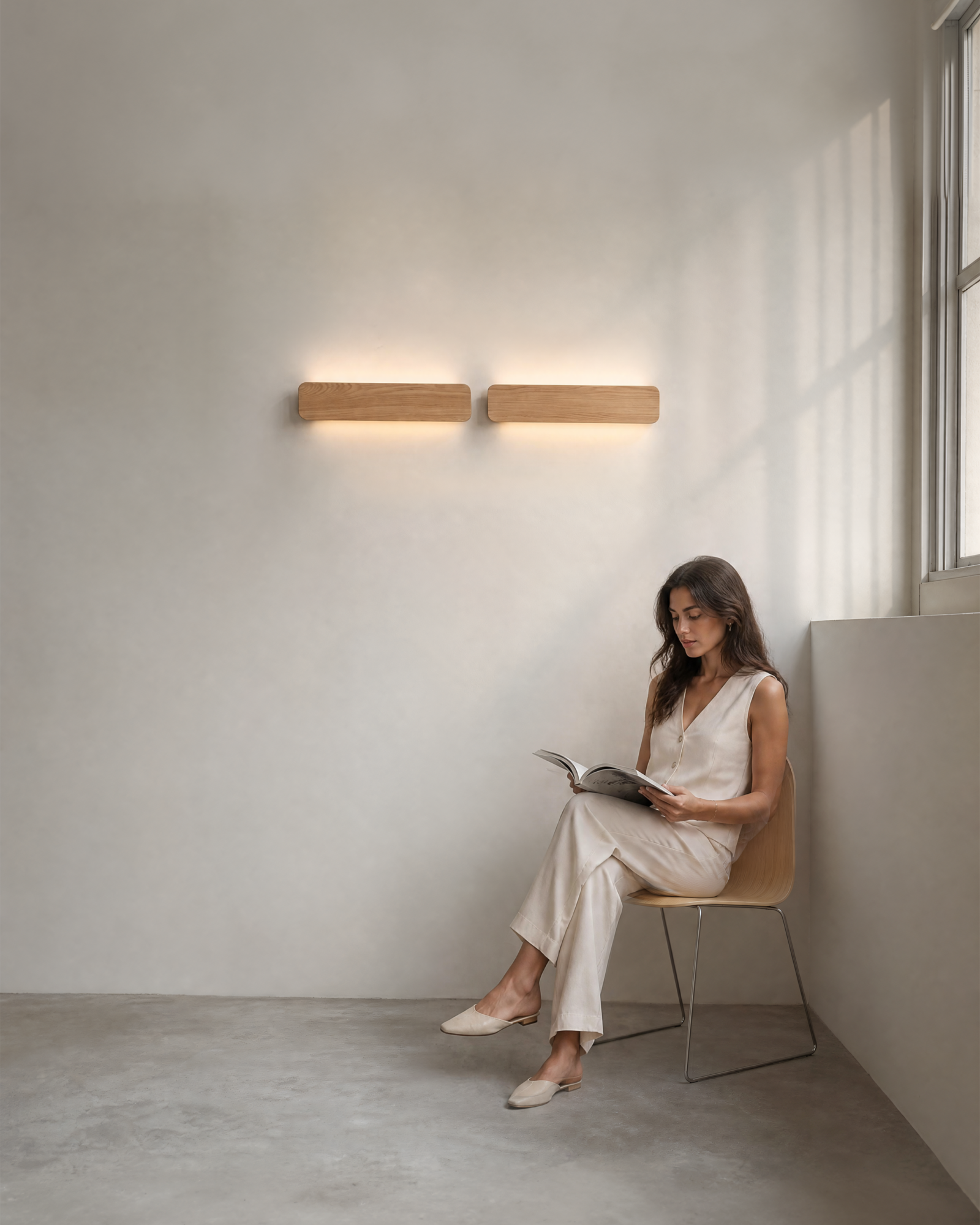 A pair of 68cm long natural oak Nina Wall W68 linear up-and-down light sconces by Singular Lighting stacked vertically on a textured wall, casting warm light over a person reading in a minimalist corner.